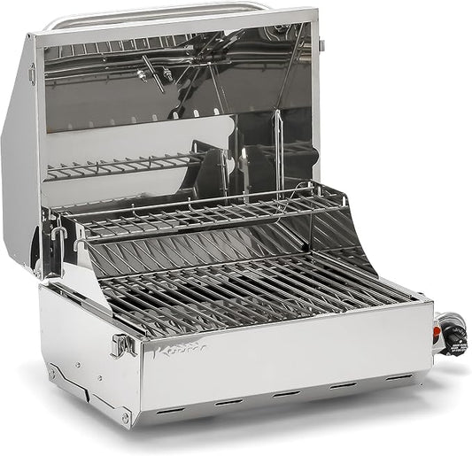Camco Kuuma Stow N’Go 216 Elite Propane Grill | Features Built-In Thermometer & Push-Button Igniter | Includes Fold Away Legs & Removable Warming Rack | Use as Camping Stove and More (58155)