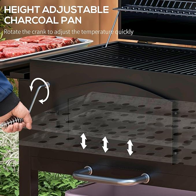 Outsunny Charcoal Grill, Portable BBQ with Adjustable Height, Folding Shelves, Thermometer, Bottle Opener and Wheels, Barbecue for Outdoor Camping, Picnic, Patio, Backyard, Black