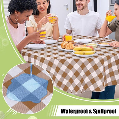Smiry Picnic Table Cloth, Vinyl Tablecloths with Flannel Backing, 60" Round | Waterproof Picnic Table Cloth, Wipeable Buffalo Plaid Table Cover for Indoor and Outdoor (Brown & White)