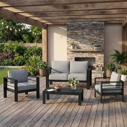 Solaste Aluminum Outdoor Patio Furniture Set, 4 Seats Patio Sectional Sofa with 5" Thick Cushion, Outdoor Patio Set with Coffee Table for Porch, Backyard, Deck, Yard, Light Grey