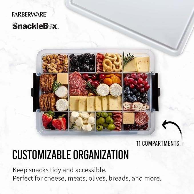 Farberware Large Build-A-Board Snacklebox Serving Tray with Locking Plastic Cutting Board Lid, Portable Storage Container with 11 Compartments for Charcuterie, and More