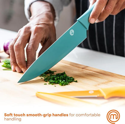 MasterChef Knife Set with Block, 7pc Kitchen Knives Set with Holder, Color | Knife Block Set with Sharp Stainless Steel Blades for Precise Cutting with Non Stick Coating & Soft Touch Easy Grip Handles