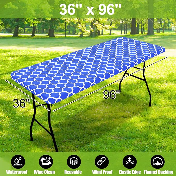 Smiry Picnic Fitted Table Cover, 8 Foot Flannel Backed Vinyl Tablecloth | Waterproof Elastic Stretch Table Cloth, Wipeable Plastic Tablecloth for Camping, Indoor & Outdoor (Blue, 36" x 96")