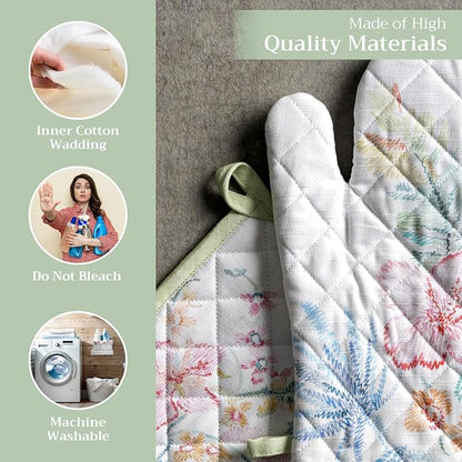 Maison d' Hermine 100% Cotton Oven Mitt & Pot Holder Set (7.5"x13" & 8"x8") | Heat Resistant BBQ Cooking Gloves with Loop Baking Grilling Kitchen Hotel Home Farmhouse Spring Summer - Paradise Island