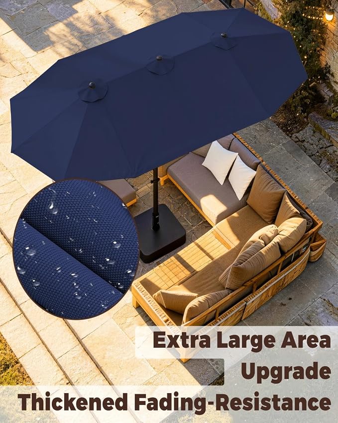 GDPFN 15ft Patio Umbrella with Base Include, Large Outdoor Double-Sided Rectangle Umbrella with Easy Crank Handle for Poolside, Garden & Deck - Navy Blue