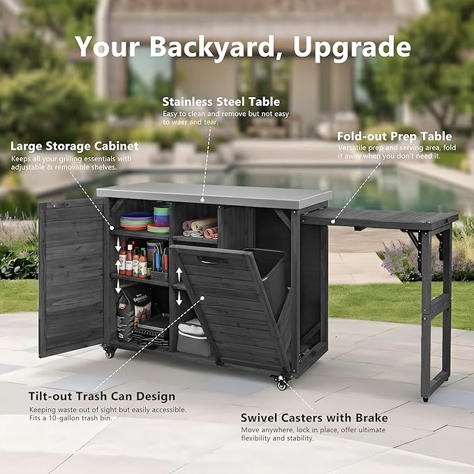 RUNNA 78.3" Outdoor Kitchen Island with Foldable Grill Table, Wooden Outdoor Grill Cart with Trash Can Storage & Stainless Steel Top, Outdoor Bar Cart, Pizza Oven Table for Lawn & Garden (Black@76)