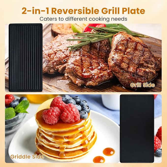 COSTWAY Raclette Grill for 8, 2-in-1 Table Grill & Griddle with Reversible Nonstick Plate, 8 Cheese Pans, 8 Wooden Spatula, Tong & Adjustable Temp Control, 1400W Electric Griller for Indoor & Outdoor