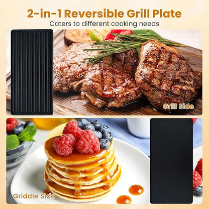 COSTWAY Raclette Grill for 8, 2-in-1 Table Grill & Griddle with Reversible Nonstick Plate, 8 Cheese Pans, 8 Wooden Spatula, Tong & Adjustable Temp Control, 1400W Electric Griller for Indoor & Outdoor