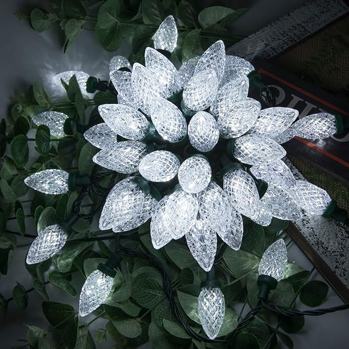AWQ 50LED 49FT C9 Christmas String Lights Plug in Fairy Twinkle White | Christmas Lights Outdoor 8 Modes Timer Function Waterproof Extendable for Indoor Outdoor Wedding Party Christmas Decoration