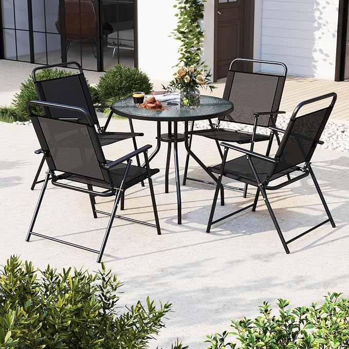 Giantex 6 Pieces Patio Dining Set, Folding Patio Chairs Set of 4, Tempered Glass Umbrella Table with Hole, Patio Table and Chairs for Lawn, Deck, Poolside, Backyard (Grey)