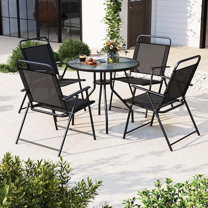 Giantex 6 Pieces Patio Dining Set, Folding Patio Chairs Set of 4, Tempered Glass Umbrella Table with Hole, Patio Table and Chairs for Lawn, Deck, Poolside, Backyard (Grey)