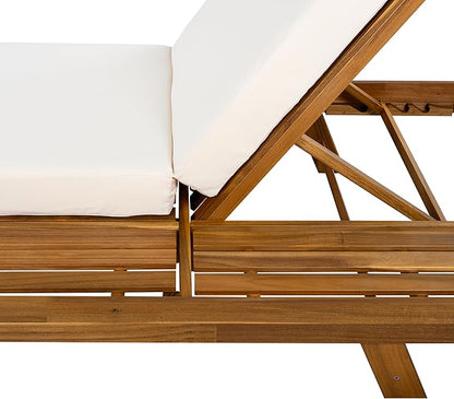 Christopher Knight Home Kayes Acacia Wood Chaise Lounge with 4'' Cushion, Outdoor 79'' Patio Recliner Chair with 4-Position Adjustable Backrest, Sun Lounger for Poolside Backyard, Teak+Cream