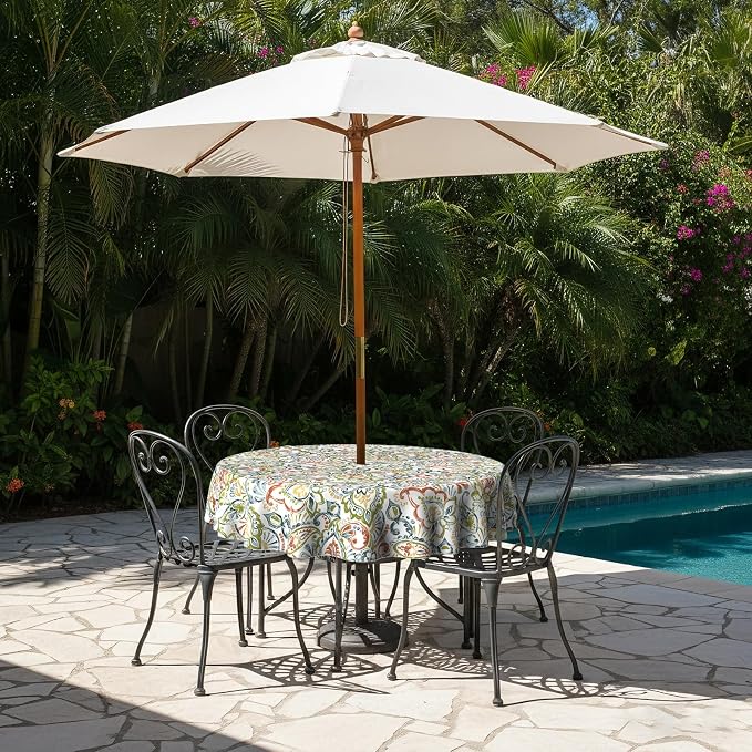 LVTXIII Round Outdoor Tablecloth with Umbrella Hole and Zipper, Water-Repellent 60 Inch Patio Table Cover for Bistro, Garden, Patio & Picnic, Paisley Botanical