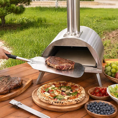 12" Wood Pellet Pizza Oven – Portable Stainless Steel Outdoor Pizza Maker with Built-In Thermometer, Foldable Legs, Carry Handle & Cordierite Pizza Stone for Backyard, Patio & Camping