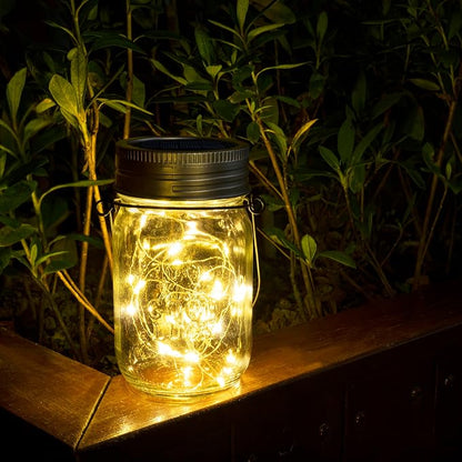 GIGALUMI Hanging Mason Jar Solar Lights, 6 Pack 30 Led Hanging Solar Lanterns Outdoor Waterproof, Hangers and Jars Included, Outdoor Decor for Balcony, Garden, Patio, Yard, Wedding