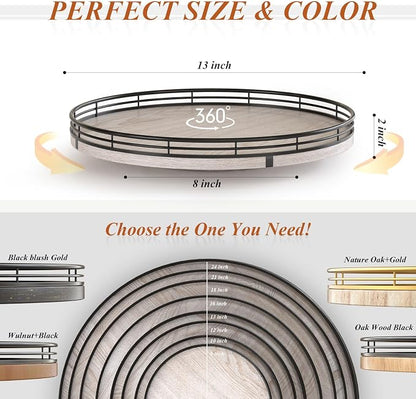 AMH 13-Inch Rustic Whitewashed Oak Lazy Susan Vanity Tray | Smooth rotating oak tray with walnut finish for dining tables, kitchen counters, pantries and cabinet storage.