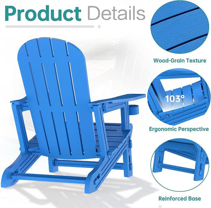 Shintenchi Adirondack Chairs Set of 2,HDPE Adirondack Chairs w/Removable Tablelop & Umbrella Hole,All-Weather Wooden Textured Plastic Outdoor Chairs w/Cup Holders for Garden Backyard Pool,Blue