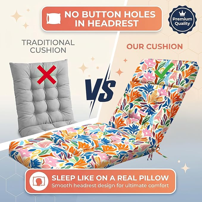 MAGIC ELEPHANT Chaise Lounge Cushion Outdoor, Memory Foam Patio Lounge Chair Cushion with Ties for Outdoor Furniture, 74 x 22 x 4 Inch (Multicolor Leaves)
