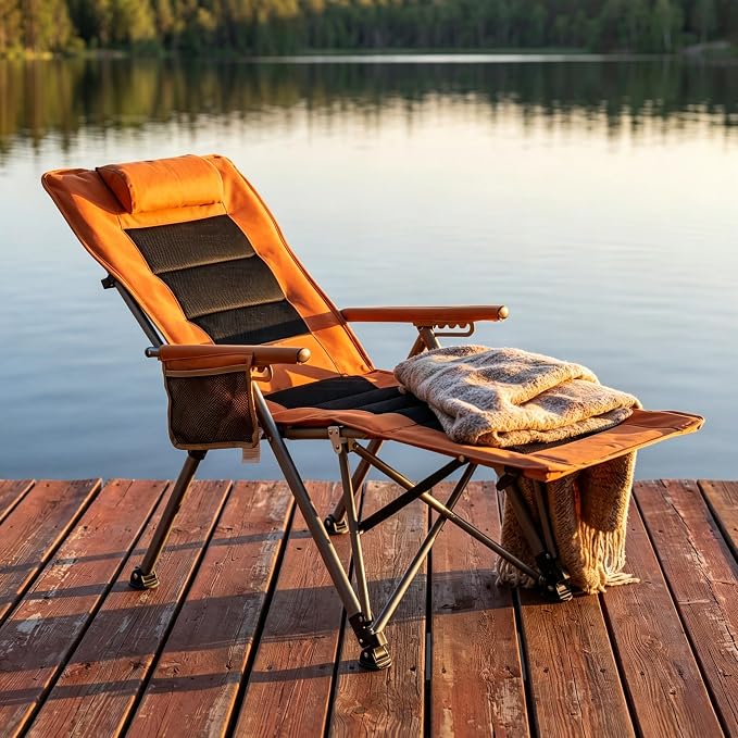 Adjustable Folding Beach Chair, Portable Camping Chair for Adults with Backrest, Reclining Outdoor Chair with Cup Holder & Pocket, Foldable Low Beach Chair for Camping, Picnic, Orange
