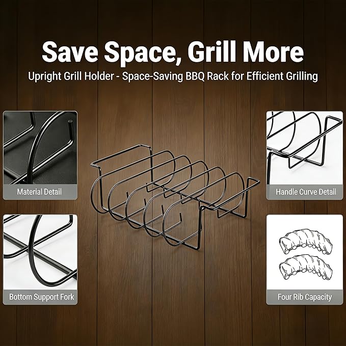 Rib Rack for Smoking and Grilling - 12" Extra Long Stainless Steel BBQ Holder - Non-Stick Vertical Roasting Stand Compatible with Most Gas Charcoal Pellet Smokers - Holds 4 Full Racks