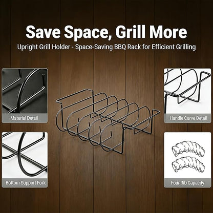 Rib Rack for Smoking and Grilling - 12" Extra Long Stainless Steel BBQ Holder - Non-Stick Vertical Roasting Stand Compatible with Most Gas Charcoal Pellet Smokers - Holds 4 Full Racks
