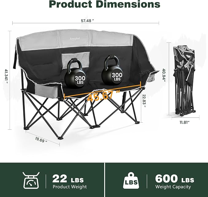 SUNNYFEEL Double Camping Chair Oversized Loveseat for Adults | 600LBS Heavy Duty Padded Camping Couch with Cup Holder, Cooler, Storage Pockets & Carry Bag for Outdoor/ Lawn/ Backyard