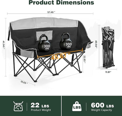SUNNYFEEL Double Camping Chair Oversized Loveseat for Adults | 600LBS Heavy Duty Padded Camping Couch with Cup Holder, Cooler, Storage Pockets & Carry Bag for Outdoor/ Lawn/ Backyard
