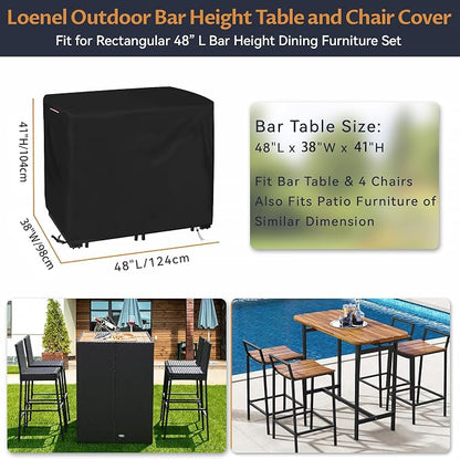 Outdoor Waterproof Bar Table Set Cover, 48"L x 38"W x 41"H | Outdoor Wicker Patio Bar Height Bistro Furniture Set Cover for 4 Person-Patio Table and Chairs Set with Handle, Drawstring