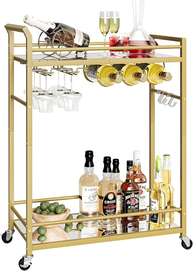 3 Tier Bar Cart, Small Beverage Cart, Mini Bar Cart with Wine Rack, Home Bar Serving Cart with Wheels for Dining Living Room (Gold, Mirrored) GBC106GU
