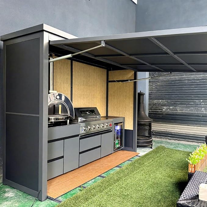Modular Integrated Outdoor Kitchen Island, Stainless Steel BBQ Station with Grill, Sink & Storage Cabinets, Custom Layout Outdoor Cooking Unit for Private Backyard, Terrace & Patio Party