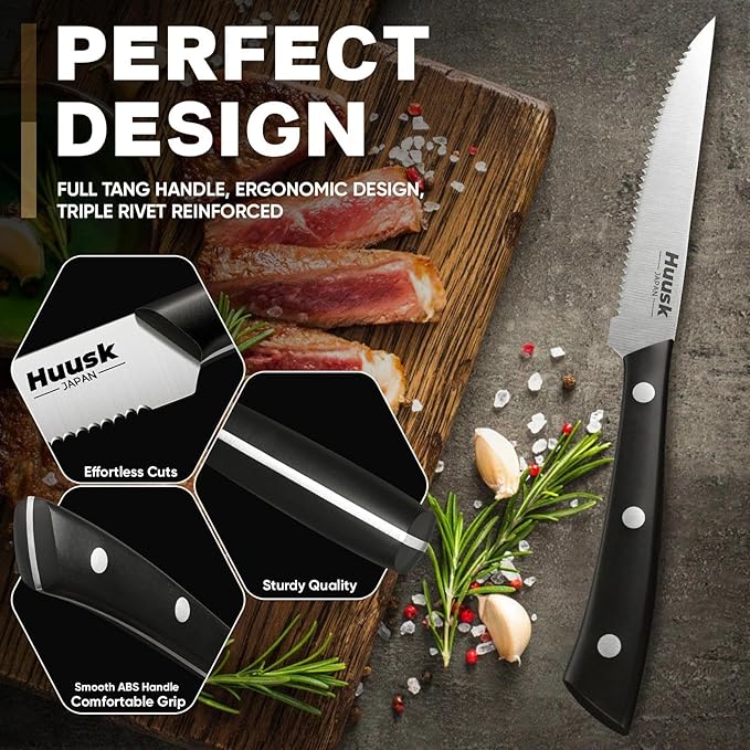 Huusk Steak Knives Set of 8, Sharp Serrated Steak Knives with Full Tang Handle, Japanese Stainless Steel Stake Knife Set for Dinner BBQ Kitchen with Gift Box, Birthday Gifts for Men Women
