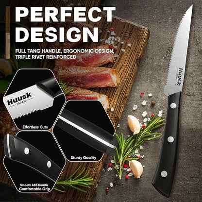 Huusk Steak Knives Set of 8, Sharp Serrated Steak Knives with Full Tang Handle, Japanese Stainless Steel Stake Knife Set for Dinner BBQ Kitchen with Gift Box, Birthday Gifts for Men Women