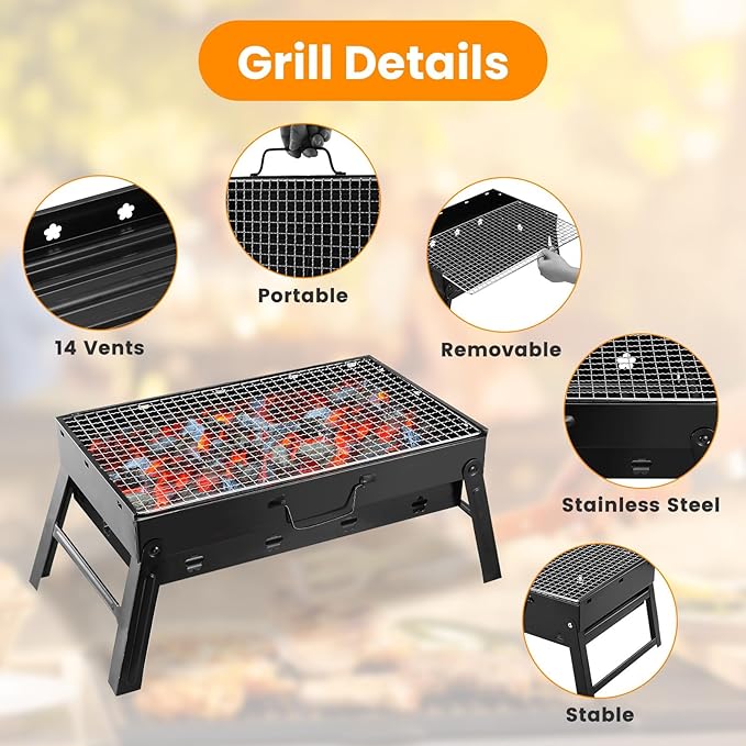 Portable Charcoal Grill, 17.7x11x10in Folding BBQ Grill Lightweight Compact Tabletop Mini Smoker Desktop Charcoal Grill for Camping, Picnics, Garden & Beach Parties, Black