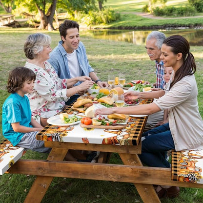 Fall Picnic Table Cover with Bench Covers, Camping Essentials, Thanksgiving Buffalo Plaid Floral Waterproof Windproof, Fitted Tablecloth Cover with Elastic Edge, Indoor & Outdoor, 3 PCS, 30x96 Inch