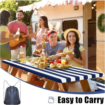 Smiry Picnic Table Cover with Bench Covers, Waterproof Elastic Fitted Tablecloth for 8 Foot Tables, Washable Polyester Tablecloths for Camping, Indoor & Outdoor (Navy Stripe, 30x96 Inch 3-pc Set)
