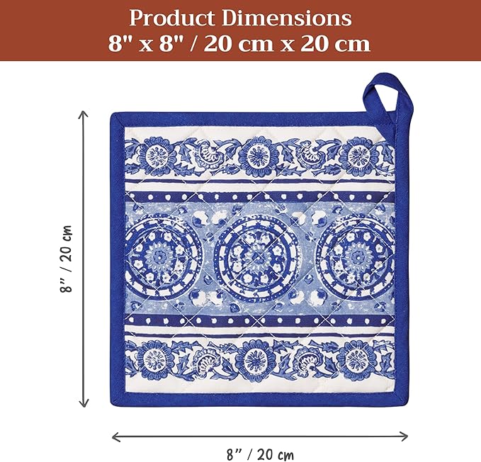 Maison d' Hermine Pot Holders 100% Cotton Heat Resistant Potholders 8" x 8" Hot Pads with Loop BBQ Cooking Baking Hotel Farmhouse Kitchen Handling Hot Pans Spring Summer (Pack of 2, Melodie Bleue)