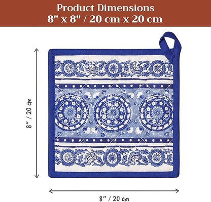 Maison d' Hermine Pot Holders 100% Cotton Heat Resistant Potholders 8" x 8" Hot Pads with Loop BBQ Cooking Baking Hotel Farmhouse Kitchen Handling Hot Pans Spring Summer (Pack of 2, Melodie Bleue)