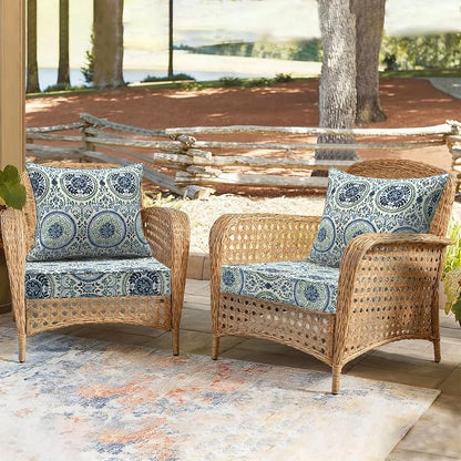 DYTXIII Outdoor Deep Seat Cushion Set, Water Repellent 24"x24" Patio Thick Cushions Replacement with Seat & Back Pillow for Patio Sofa, Wicker Chair, Couch - Wreath Blue