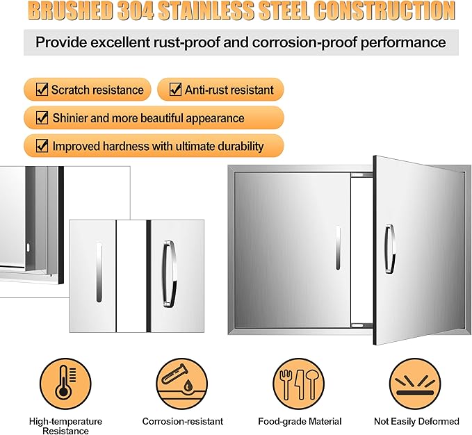 Outdoor Kitchen Doors 33W x 21H Inch, Double BBQ Access Doors 304 Stainless Steel for Outdoor Kitchen Cabinet Grill Station or BBQ Island