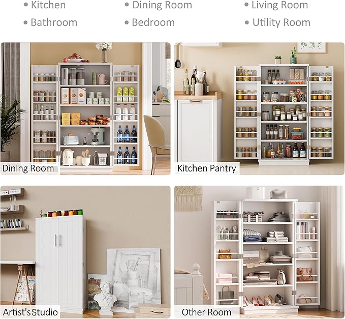 SUNLEI 47" Kitchen Pantry Storage Cabinet, Modern Freestanding Pantry Storage Cabinet with Adjustable Shelves, Buffet Cupboards Storage for Kitchen, Dining Room, White