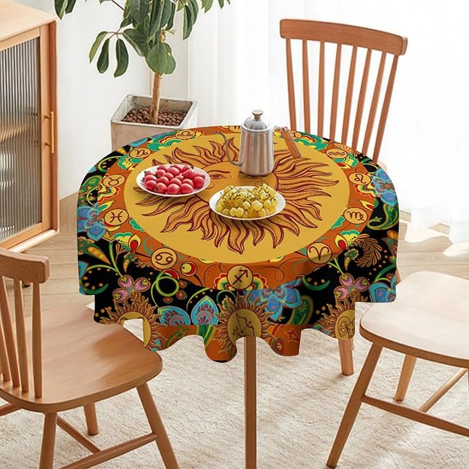 Vintage Boho Sun Round Tablecloth Wildflower Floral Bohemian Hippie Sun Table Cloth Water Resistant Wipeable Table Cover for Farmhouse Picnic Party Holiday Kitchen Dinner Table 70"