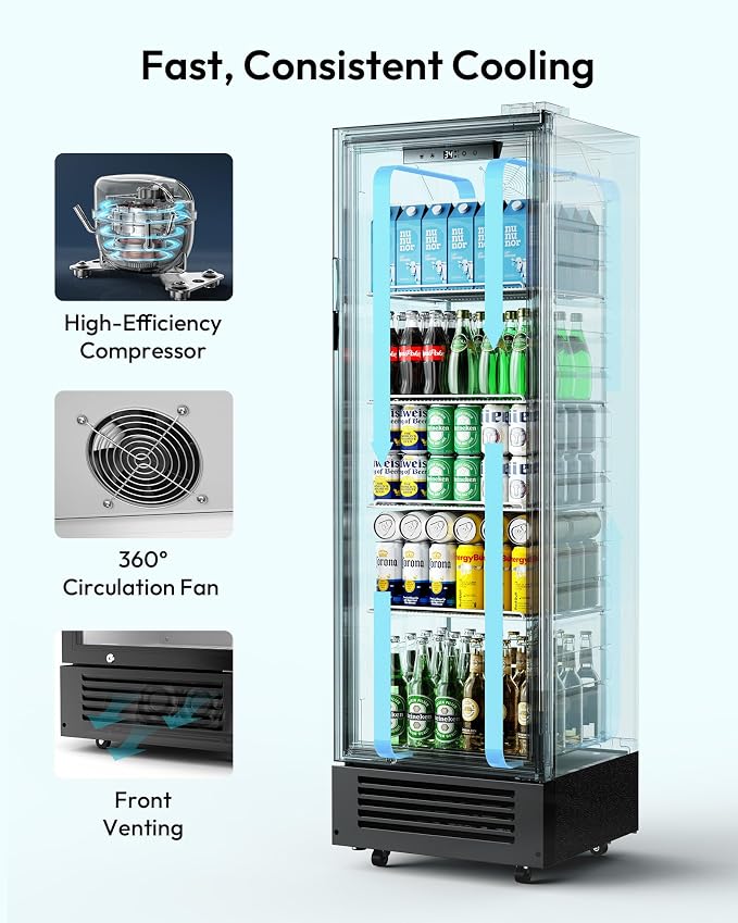 EUHOMY 9 Cu.Ft Commercial Beverage Refrigerator with Glass Door, Display Refrigerator LED Light & Adjustable Shelves, Commercial Refrigerator with Lock, Display Fridge for Bar, Office, Restaurant