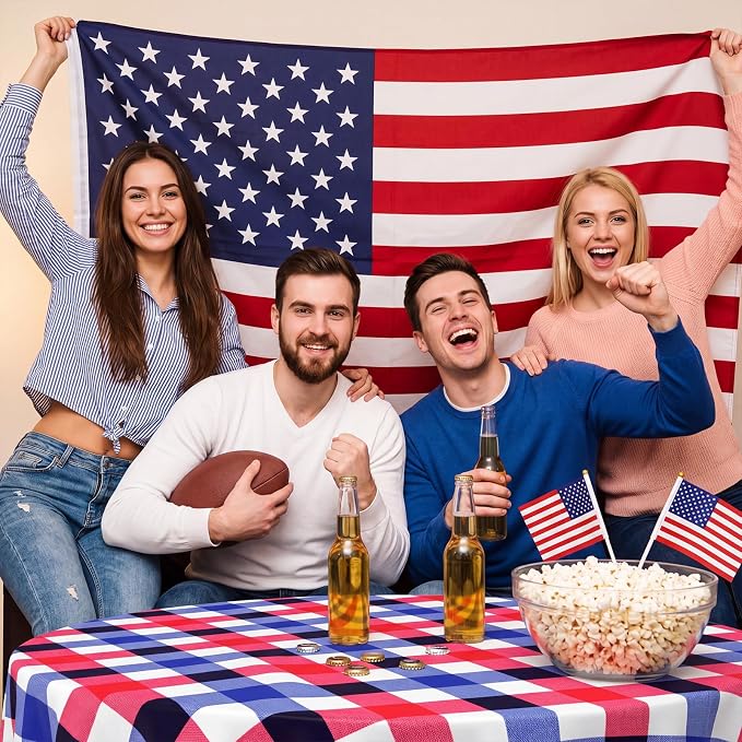 6 Pcs 4th of July Disposable Checkered Tablecloth Round Red White Blue Plastic Buffalo Plaid Independence Table Cloth 84'' Gingham Tablecover for Patriotic Picnic Camping BBQ Graduation Party