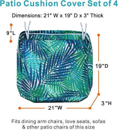 NettyPro Patio Chair Seat Cushion Covers Set 4, Waterproof Outdoor Furniture Cushion Slipcovers with Zipper and Tie, 21 x 19 x 3 Inch, Replacement Cover Only, Tropical Leaf