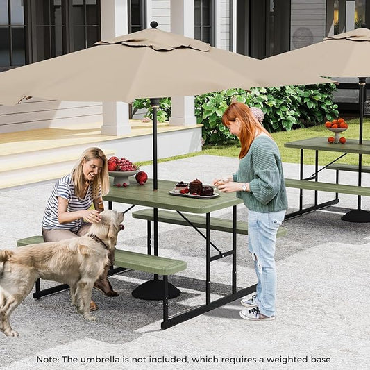 Giantex Picnic Table Bench Set for 4 People, 4.5FT Outdoor Rectangular Dining Table & 2 Benches w/Umbrella Hole, HDPE Tabletop, Metal Frame, Patio Garden Backyard Poolside, Green