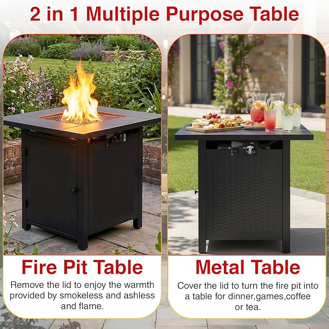 PayLessHere 28" Square Propane Fire Pit Table, 50,000 BTU CSA-Certified Outdoor Gas Fire Pit with Lid & Lava Rock, Alloy Steel Patio Fire Table for Backyard, Balcony & Garden
