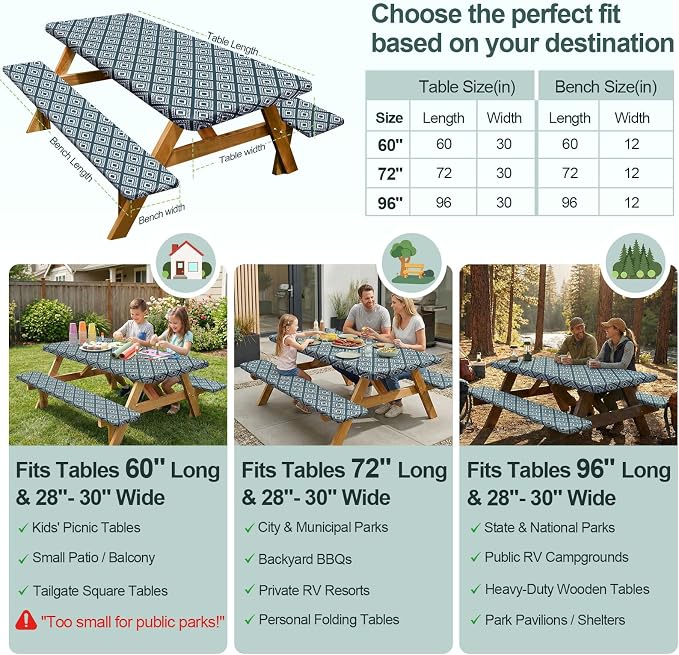 Picnic Table Cover Bench Covers Camping Essentials Tablecloth | Waterproof Vinyl for Outdoor, Windproof Elastic Fitted Edges, RV BBQ Accessories Must Haves, Storage Bag Included
