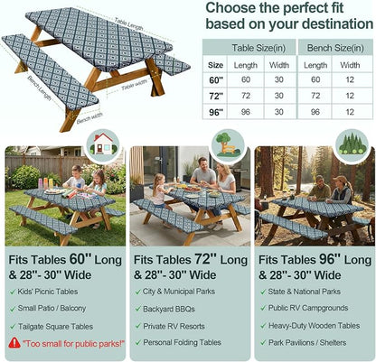 Picnic Table Cover Bench Covers Camping Essentials Tablecloth | Waterproof Vinyl for Outdoor, Windproof Elastic Fitted Edges, RV BBQ Accessories Must Haves, Storage Bag Included