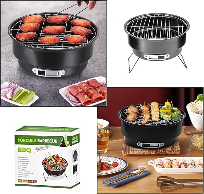 10" Portable Round Barbecue BBQ Charcoal Grill with Handle for Outdoor Home Kitchen BBQ Picnic Camping