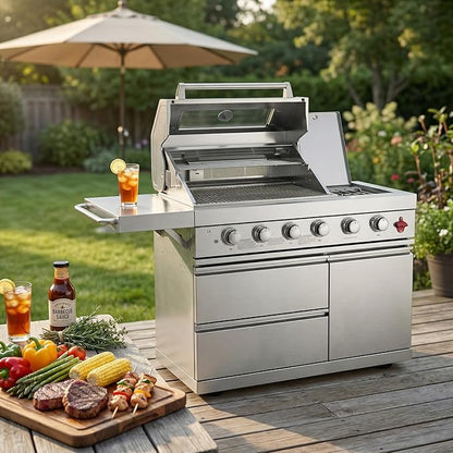 46" Outdoor Kitchen Island with Side Burner, 4-Burner 75,300 BTU Propane Gas BBQ Island with Rotisserie, Side Prep Shelf, Storage Drawers, LP/NG Convertible, for Backyard and Patio Cooking, Silver